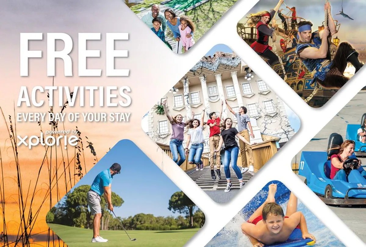 A lively collage of families and groups enjoying various fun activities, including swimming, golfing, adventurous rides, and playful moments with friends—evoking excitement and joy.