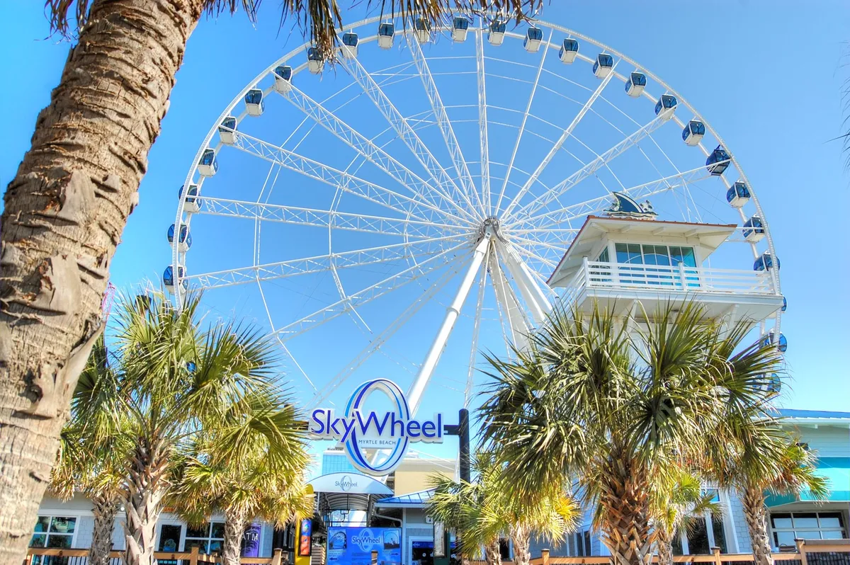 The image features the iconic SkyWheel at Myrtle Beach, framed by palm trees and the entrance building below. The vibrant exterior scene is lively with people gathering and taking photos, capturing the sense of joy and anticipation that comes with visiting a popular attraction.